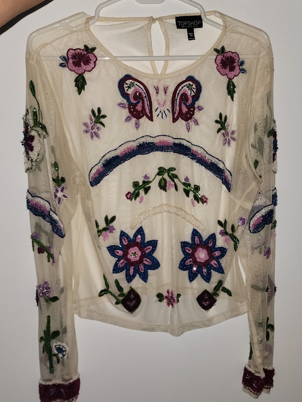 Topshop Cream Sheer Embroidered Floral Long-Sleeve Top